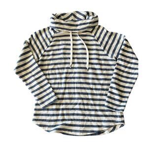 American Living White/Blue Strip Sweatshirt Cowlneck Drawstring Coastal Women